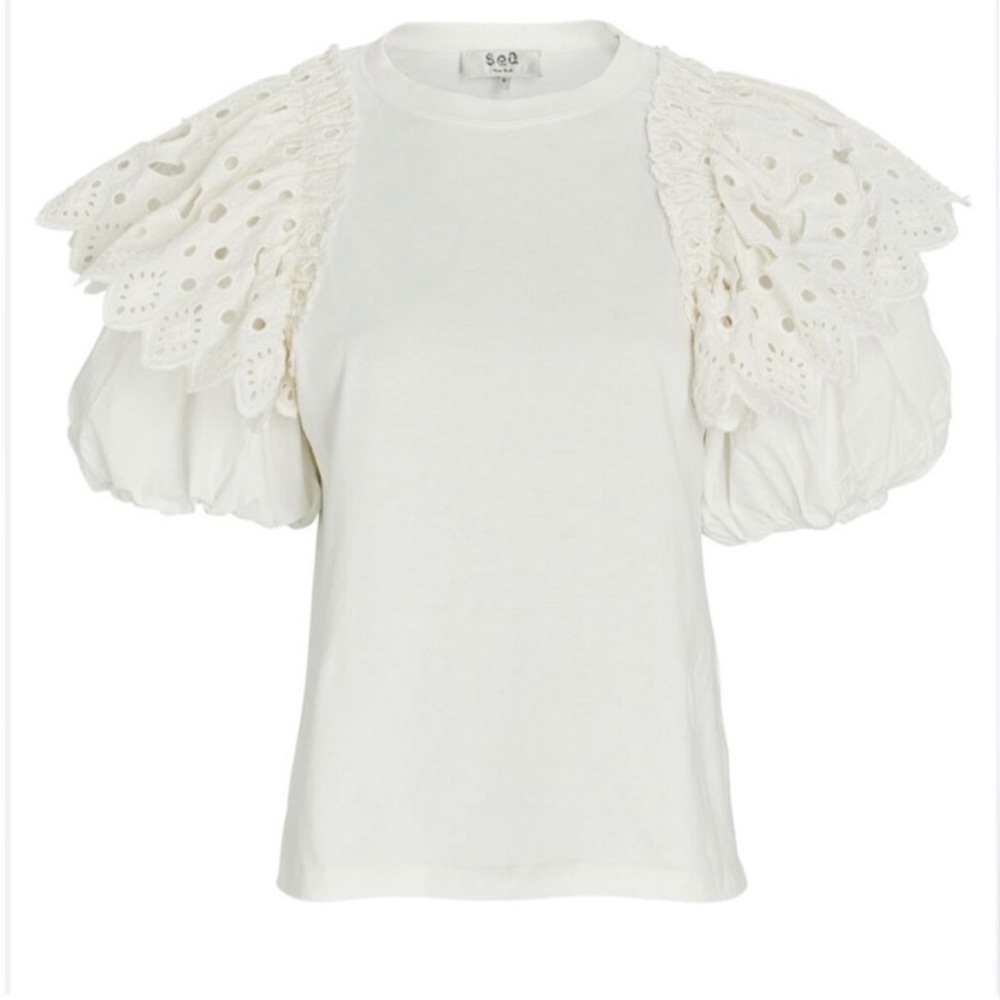 SEA NEW YORK Hazel Eyelet puff sleeve t shirt - Picture 3 of 5